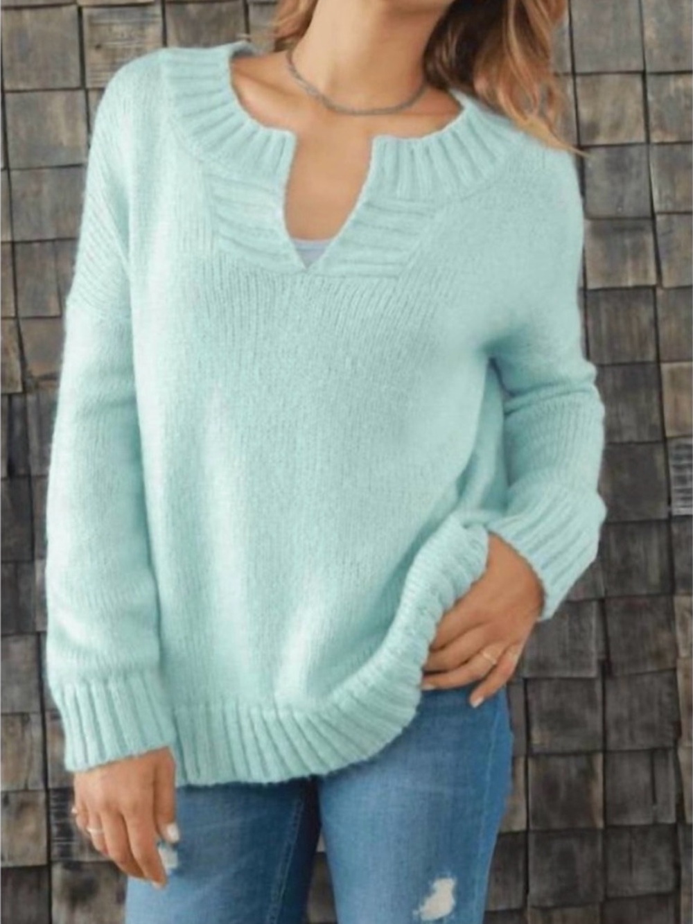 Wooden Ships by Paola Buendia ice blue split-neck knit sweater with wool & mohai